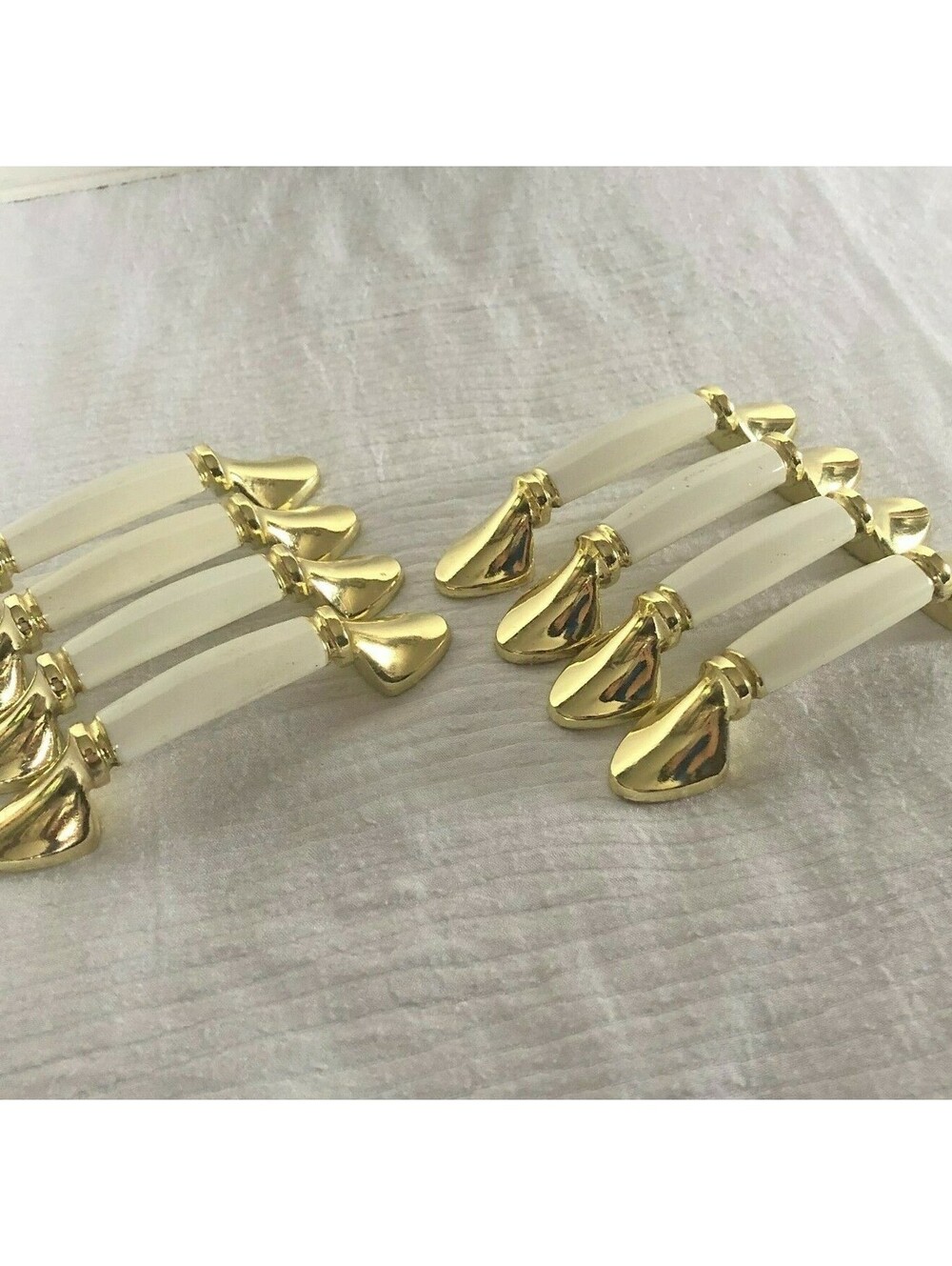 Lot of 8 Bright Brass Almond White Ceramic Porcelain Drawer Pulls Handles
